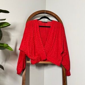 Zara MEDIUM Red Textured Dot Jacquard Dolman Sleeve Blouse Top